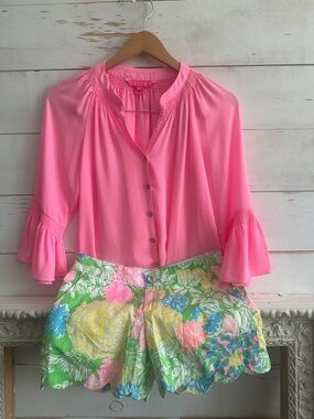 Lilly Pulitzer Bright Pink Button-Front Ruffle Sleeve Blouse and Shorts